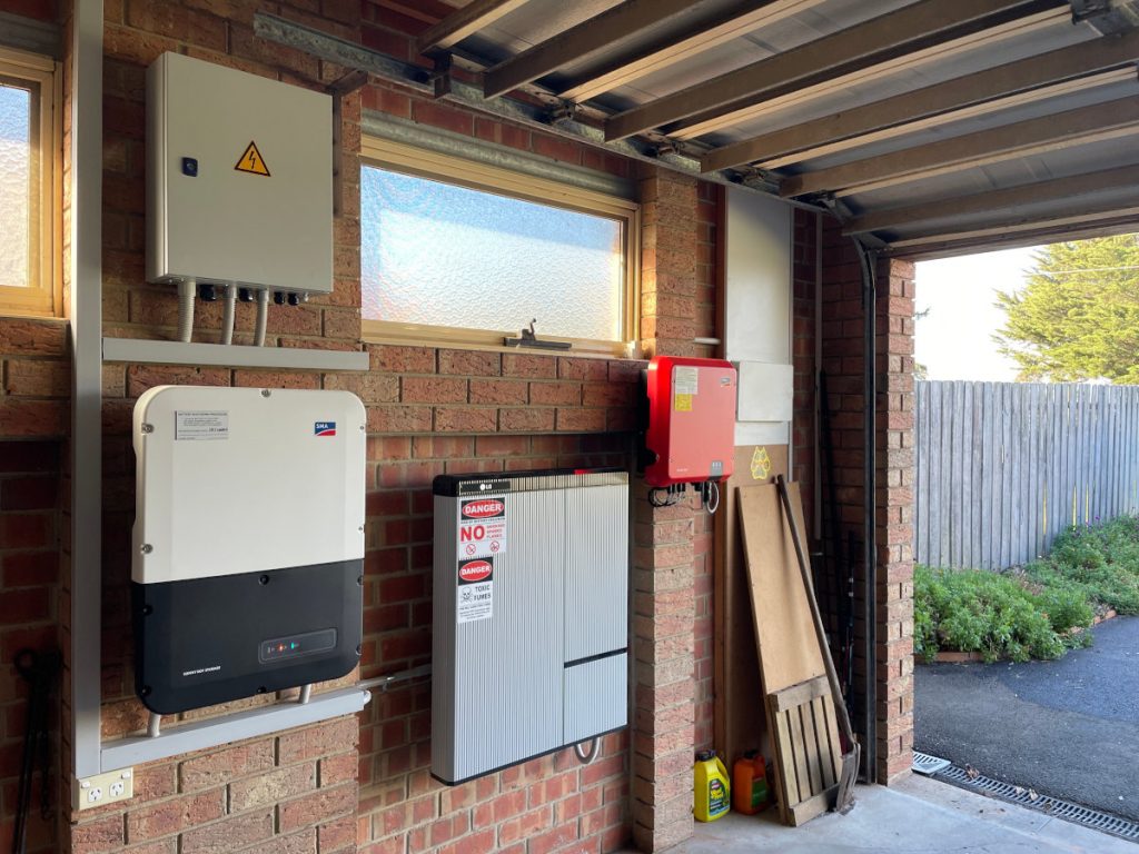 Example of a solar battery and inverter installed in a garage